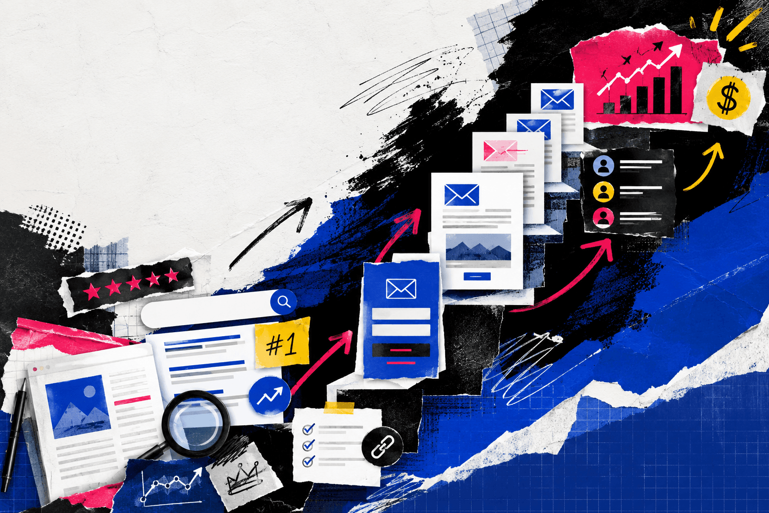 Inbound-to-email funnel illustration showing SEO content ranking, email signup flows, and revenue growth