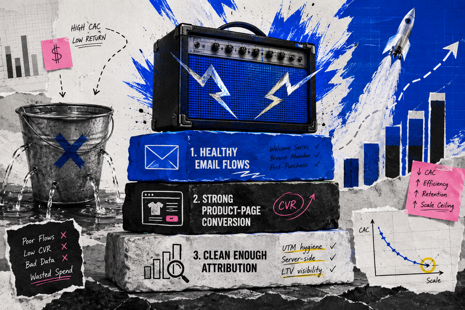 DTC paid media readiness stack: three foundation blocks — email flows, product-page conversion, and clean attribution — topped by an amplifier, with a leaking bucket showing wasted spend on the left and a rocket launch showing what scales when the foundation holds.